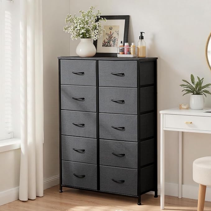 Dresser for Bedroom with 10 Drawers, Anti-Tip Tall Fabric Chests Storage Organizer Tower Furniture with Wooden Top Metal Frame for Clothes, Closet, Living Room, Hallway, Entryway