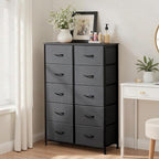 Dresser for Bedroom with 10 Drawers, Anti-Tip Tall Fabric Chests Storage Organizer Tower Furniture with Wooden Top Metal Frame for Clothes, Closet, Living Room, Hallway, Entryway