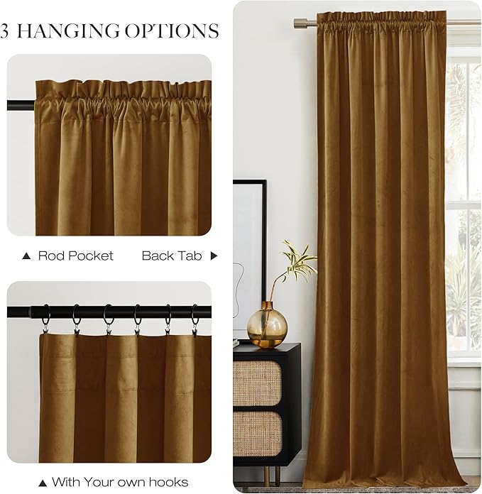 NICETOWN Gold Brown Velvet Curtains (2 Panels, 52-inch Wide x 108-inch Long), Luxury and Soft Thermal Insulated Velvet Curtains for Film, Extra Long Window Drapes for Large Door Windows