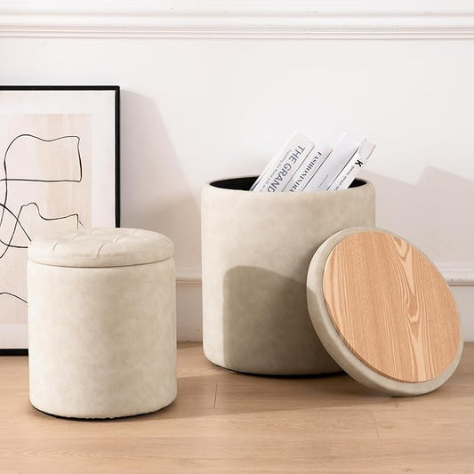 Faux Leather Round Ottoman with Storage 12.6" W x 14.17" H & 14.76" W x 17.32" H Set of 2, Small Boucle Coffee Table Footstool with Removable Lid for Living Room, Bedroom, Beige