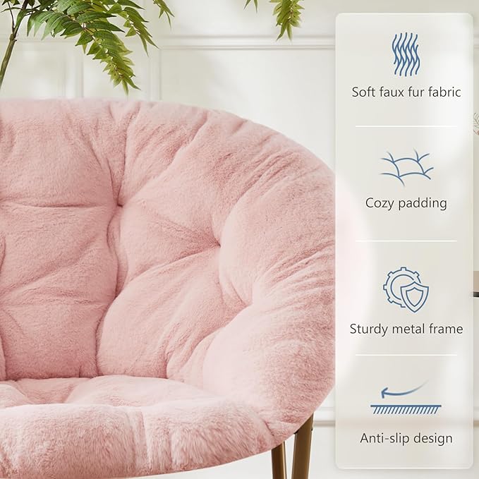 DUMOS Comfy Saucer Chair, Faux Fur Lounge Seasting XL Circle Chair for Bedroom, Dorm & Gaming, Foldable Fashion Accent Seat for Small Spaces, Folding Moon/Mushroom/Round Oversized Style