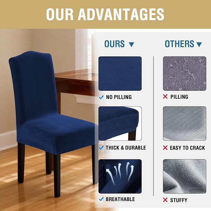 H.VERSAILTEX Velvet Dining Chair Covers Stretch Chair Covers for Dining Room Set of 2 Parson Chair Slipcovers Chair Protectors Covers Dining, Soft Thick Solid Velvet Fabric Washable, Navy