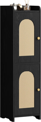 Bathroom Storage Cabinet, Small Corner Floor Cabinet with 2 Doors and Adjustable Shelf, Narrow Toilet Paper Cabinets, Bathroom Organizer for Small Spaces, 7.9"D x 7.9"W x 29.5"H Rattan Black