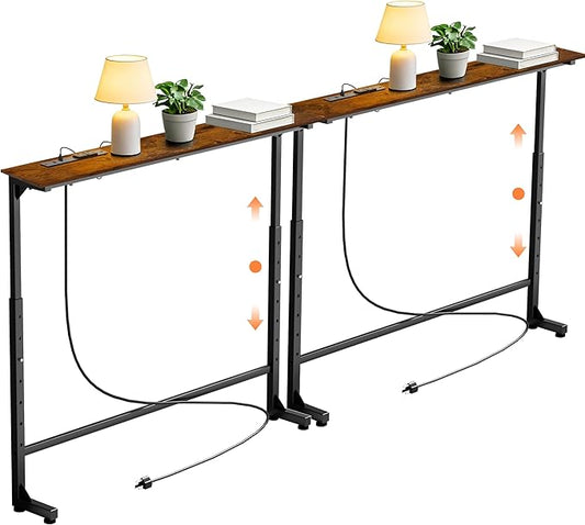 GRLEAF 2 Pack Adjustable Height Narrow Console Table with Power Outlets, 70" Long Sofa Table with Charging Station Behind Couch Table Entryway Table for Living Room and Hallway – Rustic Brown