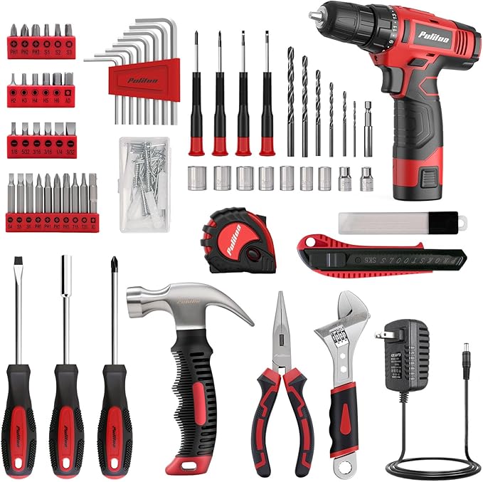 PULITUO 148-Piece Home Drill Set with 12V Red Cordless Drill, Hand Tools, Tool Box, Ideal for Men, Women, and DIY Enthusiasts for Home Improvement.