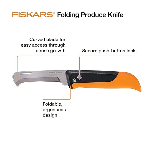 Fiskars Folding Produce Knife, Gardening Tool for Harvesting Produce with Foldable Ergonomic Design, Stainless Steel Curved Blade, Orange