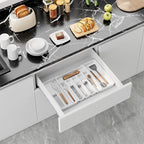 Aujen Silverware Organizer - Expandable Kitchen Drawer Organizer, Adjustable Utensil Organizer, Cutlery Tray for Forks, Knives, Multipurpose Kitchen Organizers and Storage Solution, White, Large