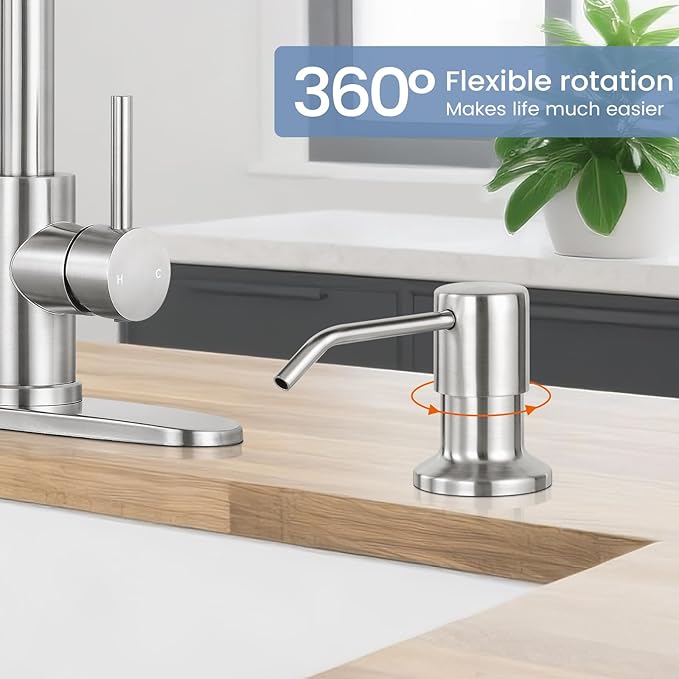 DJS Kitchen Faucets with Soap Dispenser - Dual Mode Setting Single Handle 1 or 3 Holes Commercial Black Kitchen Sink Faucet with Deck Plate for Farmhouse RV Vessel Basin (Brush Nickel)