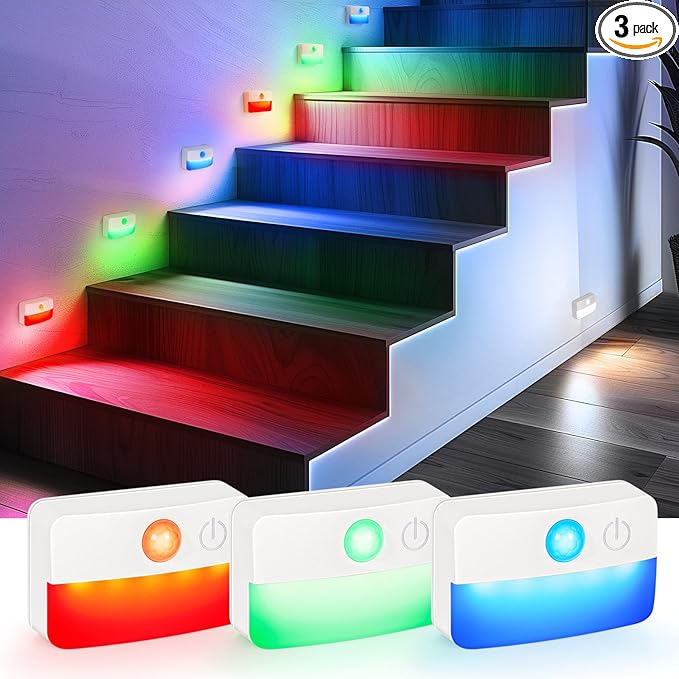 3 Pack Motion Sensor Stair Lights for Indoor, Wireless RGB Battery Operated Night Light, Led Stick On Hallway Closet Under Cabinet Step Portable Lamp for Bedroom Kitchen Bathroom