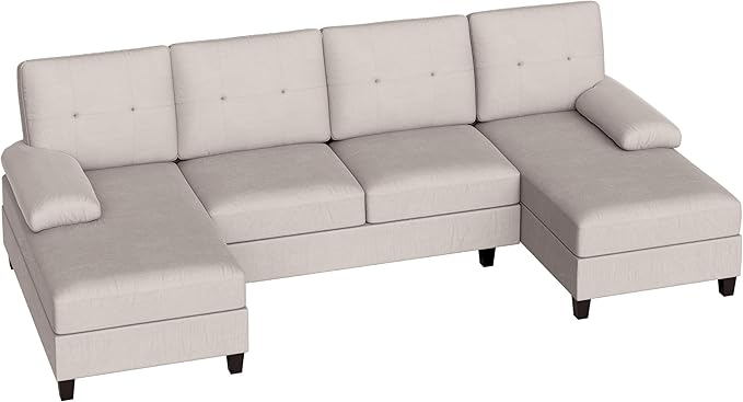 Shintenchi U-Shaped Sectional Couches for Living Room, 4 Seat Sofa with Double Chaise Lounges,Solid Wood Frame Sectional Sofa for Apartment,Creamy White