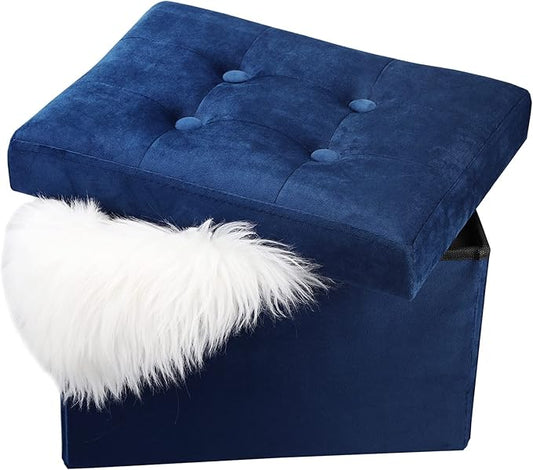 LINMAGCO Small Velvet Ottoman with Storage Rectangle Foot Rest Under Desk Stool for Room Folding Ottoman Furniture with Button turfted-Navy 16X12X12IN