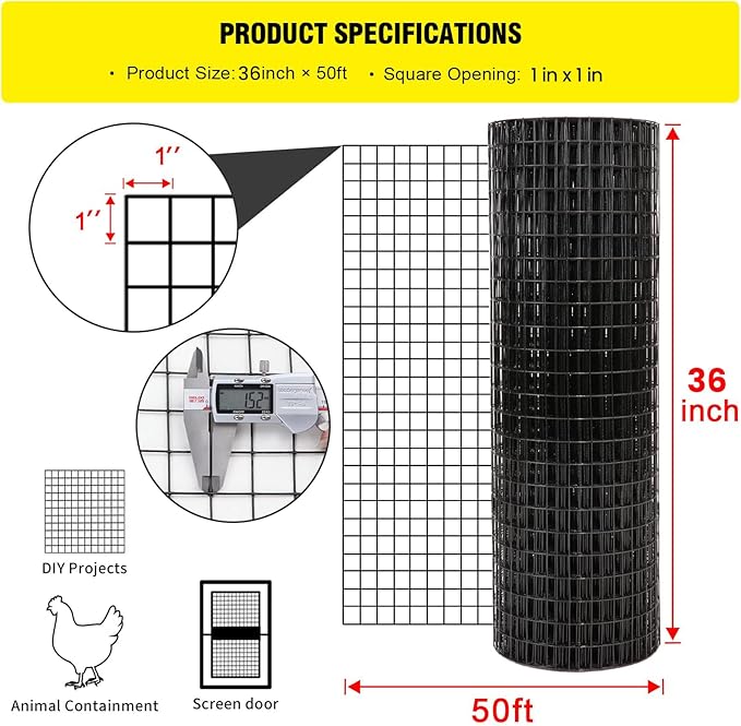 36'' x 50' 1inch Hardware Cloth 16 Gauge Black Vinyl Coated Welded Fence Mesh for Home and Garden Fence and Home Improvement Project (36'' x 50')