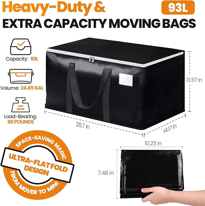 Heavy-Duty & Extra Capacity Moving Bags with Backpack Straps, Storage Totes with Double Zipper & Strong Handles, Packing Bags Alternative to Moving Boxes, Moving Supplies (4 Pack, Black)