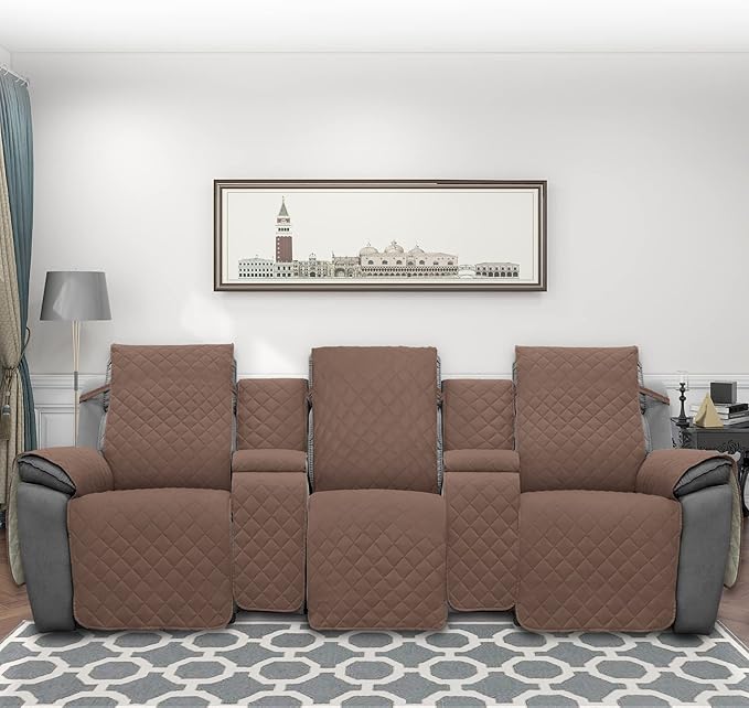 Easy-Going Recliner Sofa Cover with Console, Reversible Couch Cover for Living Room, Split Sofa Cover for Each Seat with Elastic Straps for Kids, Dogs, Pets (3 Seater, Brown/Beige)