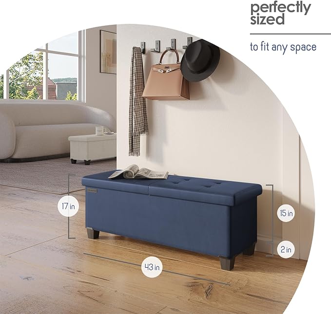 Storage Ottoman Bench with Bins, 43-in Storage Bench for Bedroom End of Bed, Folding Foot Rest Ottoman for Living Room Max 660lbs, Leather Ottomans, Blue