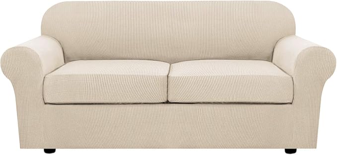 H.VERSAILTEX 3 Piece Stretch Sofa Covers for 2 Cushion Sofa Couch Covers for Living Room Sofa Slipcovers (Base Cover Plus 2 Seat Cushion Covers) Thicker Jacquard Fabric(Large Sofa, Natural)