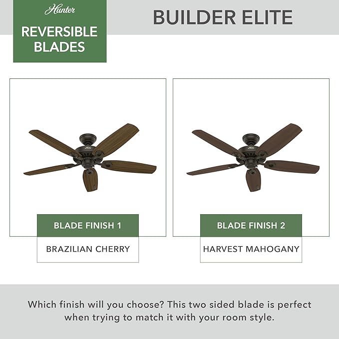 Hunter 52 inch Indoor Ceiling Fan No Light with Pull Chain - Bronze Ceiling Fan without Light, Standard Mount, 5 Blades, For Bedroom, Living Room, or Kitchen - Builder Elite 53242, New Bronze