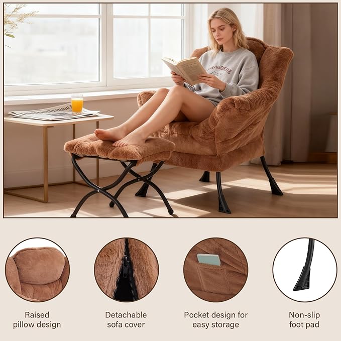 Welnow Lazy Chair with Ottoman, Modern Accent Chair with Armrests and a Side Pocket, Leisure Sofa Armchair, Reading Armchair with Footrest for Small Space, Plush Brown