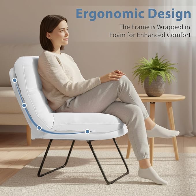 DUMOS Comfy Saucer Chair,PU Leather Foldable Chairs for Bedroom, Dorm & Gaming, Fashion Floor Chair with Back Support for Small Spaces, New White