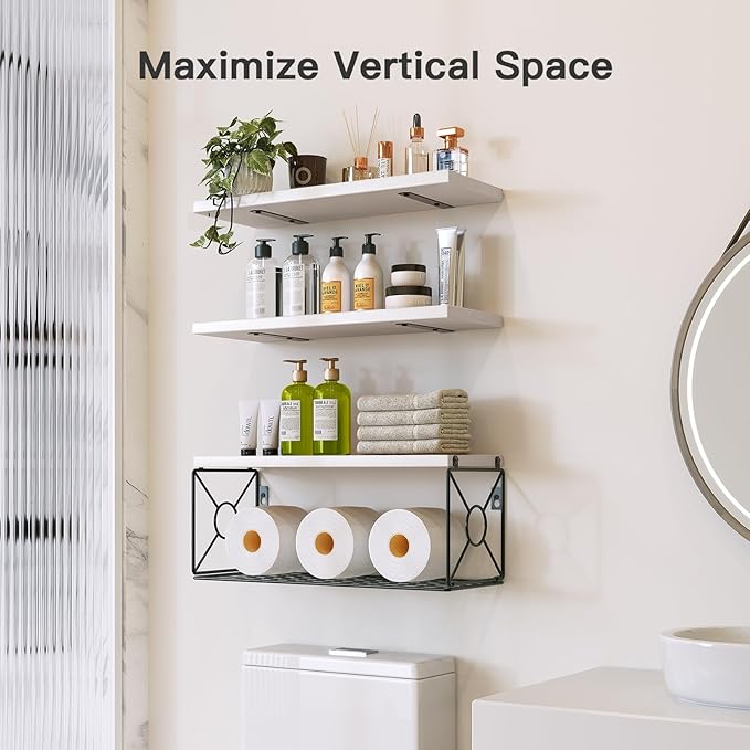 Amada Bathroom Shelves Over Toilet with Storage Basket, Floating Wall Shelf for Home Organization & Wall Decor, Bathroom/Kitchen/Living Room Shelves–White