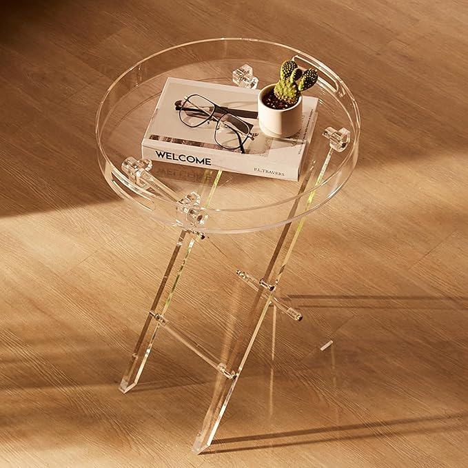 VEVOR Acrylic Folding Tray Table, Acrylic End Table with Folding X Leg, Clear Acrylic Side Table for Coffee, Drink, Food, Snack for Living Room & Bedroom