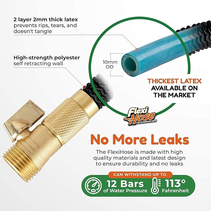 Flexi Hose Plus Expandable Garden Hose with 8 Function Nozzle, 25FT - Lightweight Retractable Garden Hose, Water Hose - No-Kink Flexibility, 3/4 Inch Solid Brass Fittings Includes Hook & Bag