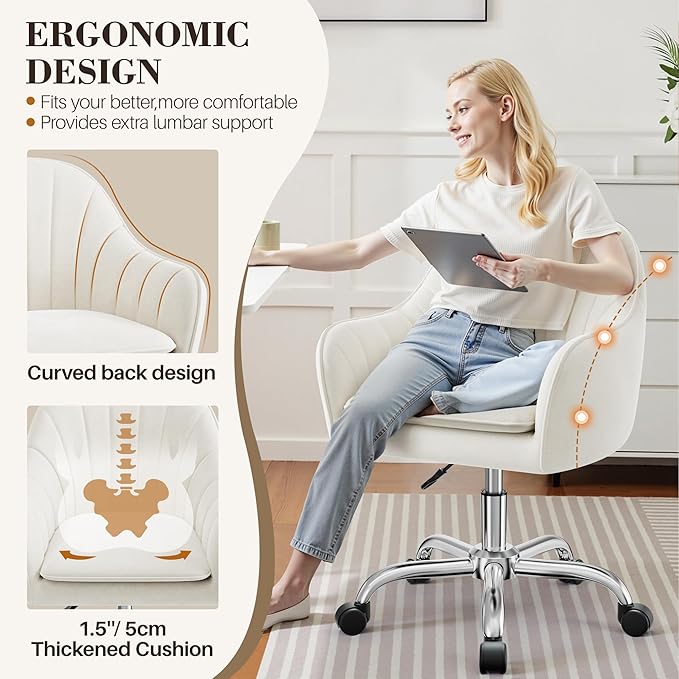 Vanity Chair with Wheels, Comfy Home Office Desk Chairs Adjustable Modern Velvet Makeup Vanity Chairs for Bedroom Living Room-Beign
