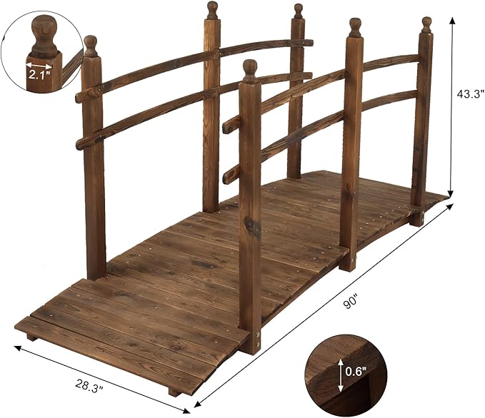 VINGLI 7.5 ft Garden Bridge, Arch Walkway Wooden Bridge with Safety Rails Stained Finished, Decorative Landscaping Footbridge for Koi Pond, Dry Creek Bed, Garden Pathway or Rustic Wedding Decor