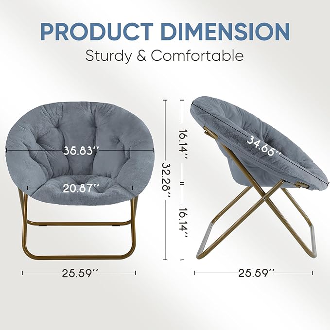 DUMOS Comfy Saucer Chair,Faux Fur Lounge Seasting XL Circle Chair for Bedroom, Dorm & Gaming, Foldable FAccent Seat for Small Spaces, Folding Moon/Mushroom/Round Oversized Style, Modern Grey