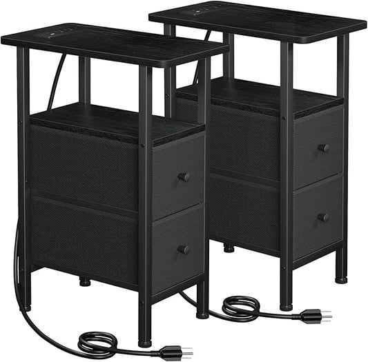 Narrow Nightstand with Charging Station, End Tables Living Room Set of 2, Skinny Side Table with Fabric Drawers, Slim Sofa Table for Bedroom, Small Spaces, Couch, Black, HETNDP02BK