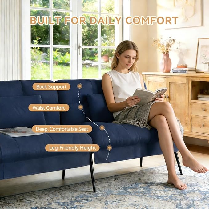 COMHOMA 72″Futon Sofa Bed,Modern Convertible Sleeper Sofa, Fabric Futon Couch with Multi-Position Backrest for Living Room Furniture (Blue)