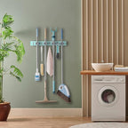 Turquoise Mop Broom Holder Wall Mount with 4 Slots & 4 Hooks - Wood Broom Mop Hanger for Pantry Closet Laundry Room Organization - for Teal Kitchen Decor and Accessories