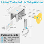 ZRFCXE Window Locks,8 Pack Sliding Window Locks with Key for Vertical & Horizontal Sliding Windows Doors,Easv to Install,Adjustable Security Window Lock for Patio Bedroom Home and Office (Silver)