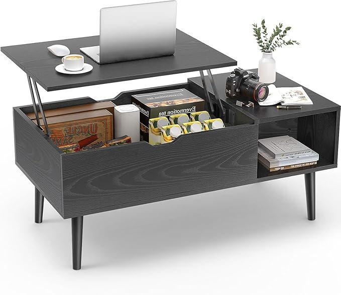 Sweetcrispy Coffee Table Lift Top Coffee Tables for Living Room,Small Rising Wooden Center Tables with Storage Shelf and Hidden Compartment, Black