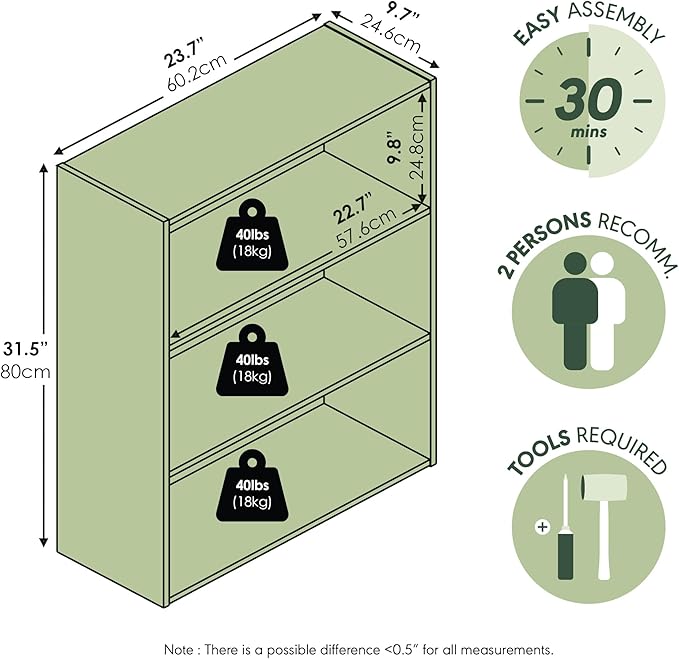Furinno PASIR Book Shelf, 3-Tier Bookshelf, Bookcase, 9.7" x 23.7" x 31.5", for Living Room, Bedroom, Home Office, Sage Green