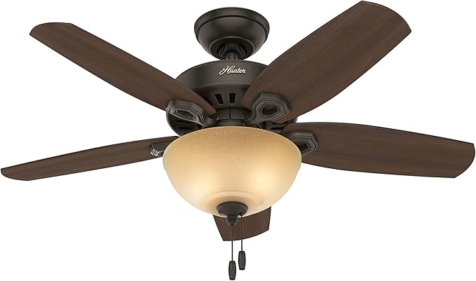 Hunter 42 inch Indoor Ceiling Fan with LED Light - Bronze Ceiling Fan with Pull Chain, For Bedroom or Living Room, Standard Mount, No Remote, 5 Blades, Includes Bulbs - Builder 52218, New Bronze