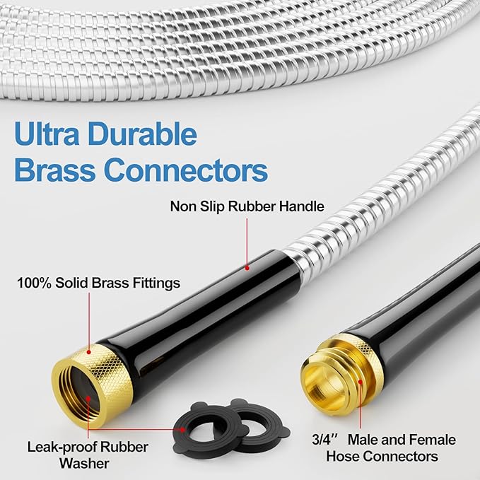 SPECILITE 150 FT Garden Hose, 304 Stainless Steel Metal Heavy Duty Flexible Water Pipe, Kink Free, Durable, Lightweight for Yard, Outdoor with Rubber Grip