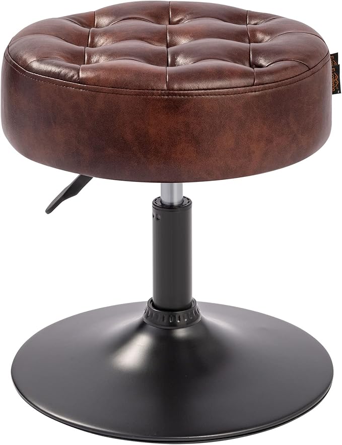 Furniliving Mid-Century Tufted Adjustable Swivel Makeup Ottoman Stool; Modern Big Size Round Vanity Stool Chair for Bedroom Living Room (Darkbrown)