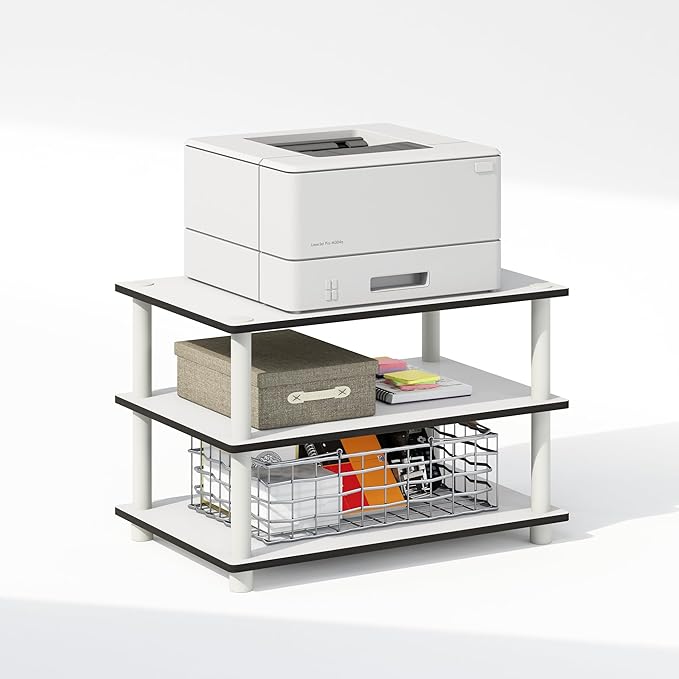 Furinno JUST Printer Stand with Storage, 3-Tier Under Desk Printer Stand, Printer Table, for CPU, Office Supplies, Home Office, White