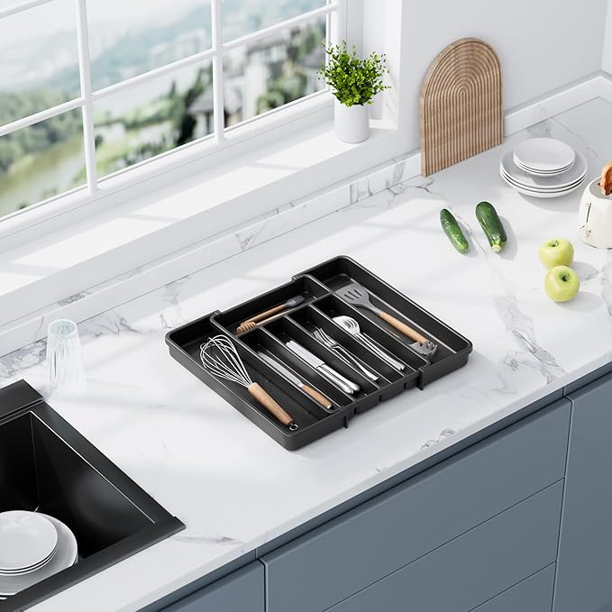 Aujen Silverware Organizer - Expandable Kitchen Drawer Organizer, Adjustable Utensil Organizer, Cutlery Tray for Forks, Knives, Multipurpose Kitchen Organizers and Storage Solution, Black, Medium