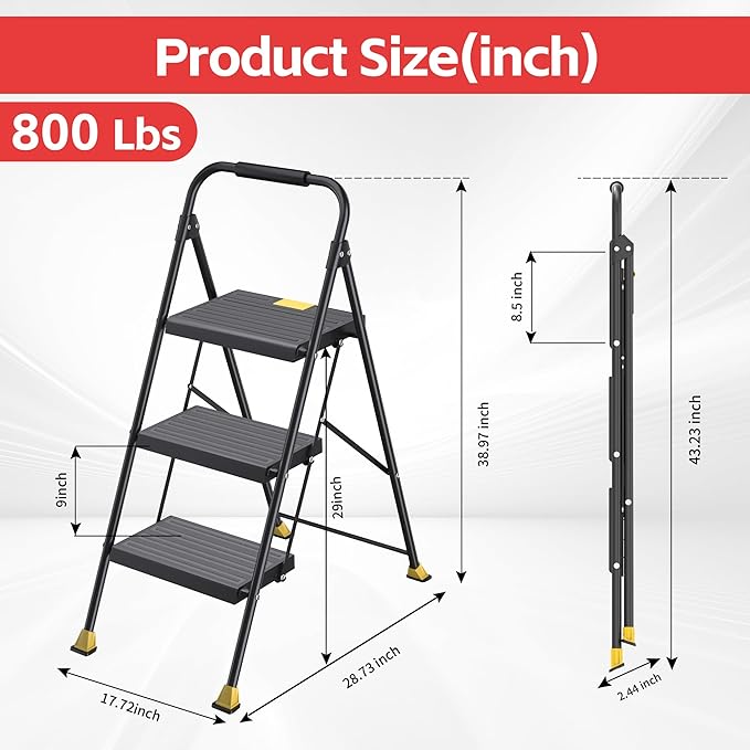 Foldable Step Ladder Folding Stool - 800Lbs Heavy Duty with Handrails for Home Adults Kitchen 3 Stepping Extension Tall - Indoor House Closet Stepstool Stair Ladders Extendable Stepladder