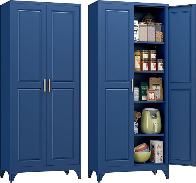 Metal Storage Cabinet,75" Tall Kitchen Pantry Storage Cabinet with Doors and Adjustable Shelves, Blue Metal Pantry Cabinets, Large Cupboard for Kitchen, Dining Living Room, Bathroom, Office