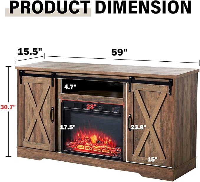 AMERLIFE Fireplace TV Stand with Sliding Barn Door for TVs up to 65", Farmhouse 59" Fireplace Entertainment Center with Storage Cabinets/Adjustable Shelves, Barnwood