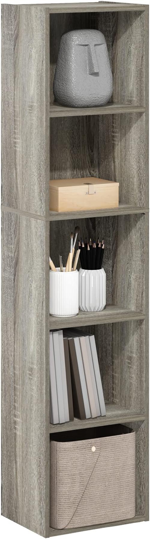 Furinno PASIR Book Shelf, 5-Tier Modern Bookshelf, Open Shelves Bookcase 9 x 12 x 52, Easy Assembly, for Living Room, Bedroom, Home Office, French Oak
