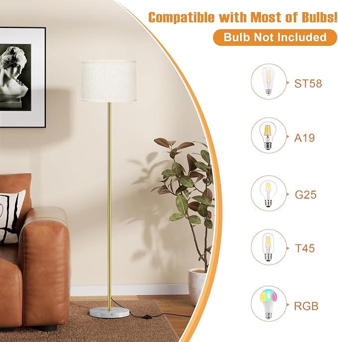 Ambimall 60'' Modern Floor Lamp with Shade, Tall Lamps for Living Room, Bedroom, Office, Dining Room, Gold Standing Lamp with Marble Base(Without Bulb)