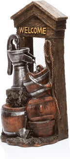 Alpine Corporation ZEN576S Outdoor Rustic Design Water Pump and Barrel Floor Fountain - Welcome Sign, 24 Inch Tall, Brown
