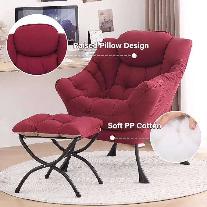 Tiita Lazy Chair with Ottoman, Red Modern Large Accent Chair, Comfy Leisure Sofa Armchair with Ottoman, Reading Chair with Footrest for Bedroom, Living Room, Dorm Rooms, Wine red