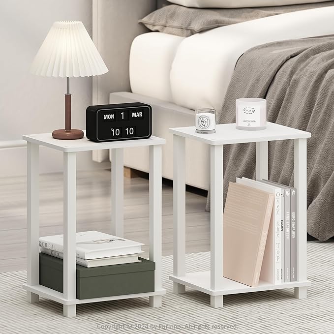Furinno Simplistic Night Stand Set of 2, 2-Tier Small Nightstand with Open Shelf, Toolless Bedside Table, End Table, Side Table, for Bedroom, Closet, Dorm, White