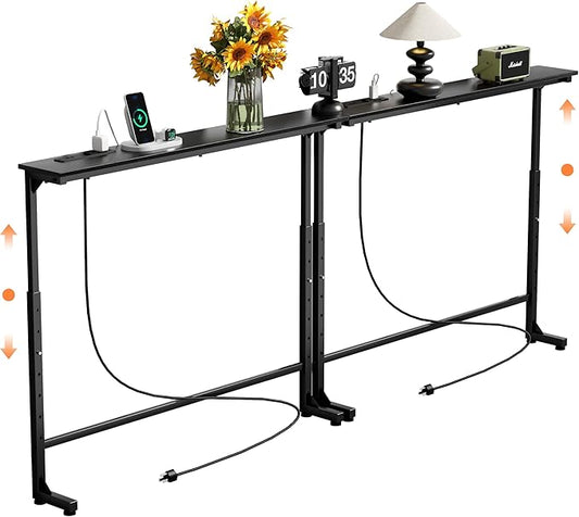 GRLEAF 2 Pack Adjustable Height Narrow Console Table with Power Outlets, 78.7" Long Sofa Table with Charging Station Behind Couch Table Skinny Entryway Table for Living Room and Hallway – Black