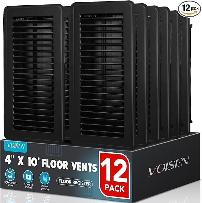 VOISEN Floor Register 4x10, 12 Pack Black Floor Vent Covers, Heavy Duty Steel Walkable Floor Vents,Vent Covers for Home Floor